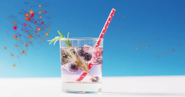 Refreshing Cocktail with Berries and Confetti on Blue Background - Download Free Stock Images Pikwizard.com