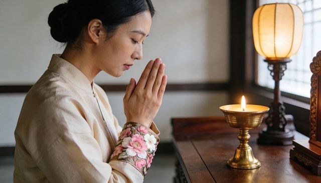 Woman praying at wooden altar with brass candle bowl, embroidered sleeve, lantern light