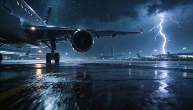 Lightning striking near parked jet over rain-slick runway, dramatic airport night scene
