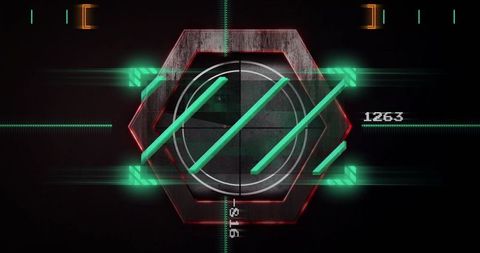 Futuristic Hexagonal HUD with Green Scanlines and Digital Display