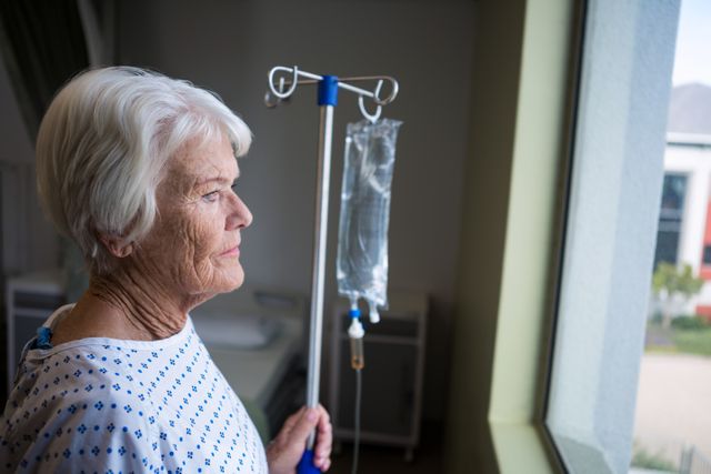 Thoughtful Senior Patient Standing by Hospital Window - Download Free Stock Photos Pikwizard.com
