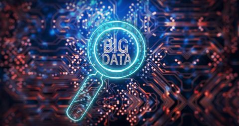 Big data magnifying glass over circuit board background