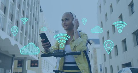 Woman on Scooter with Smartphone and Digital Media Overlay