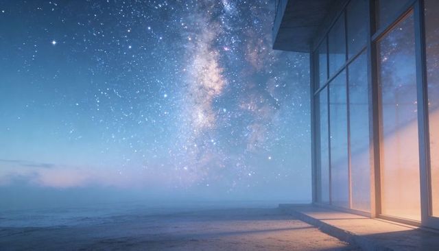 Milky Way Rising Over Coastal Glass Terrace Reflecting Stars and Misty Night Seascape
