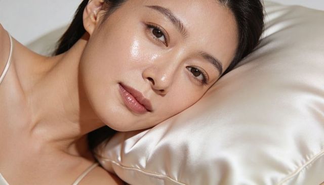 Reclining asian woman with dewy glowing skin on soft satin pillow closeup beauty portrait