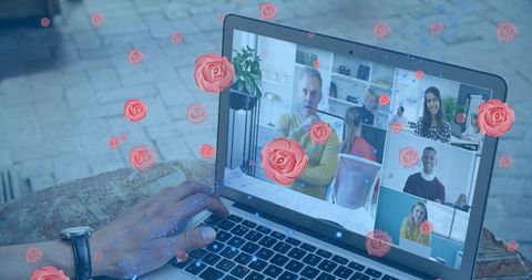 Online meeting with virtual rose overlay and connection concept