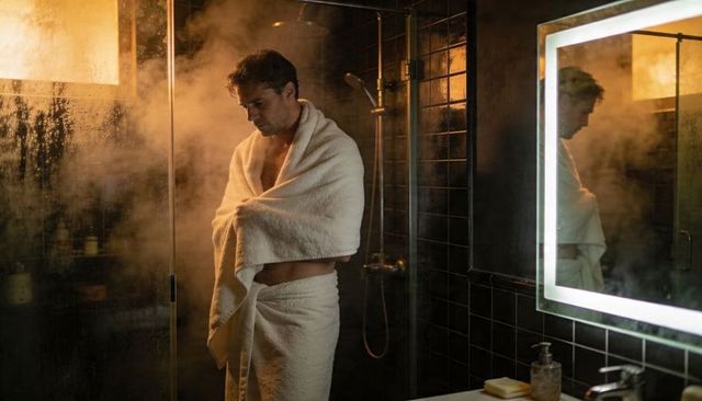 Moody morning man wrapped in towel gazing at led mirror in steamy dark bathroom, solitude