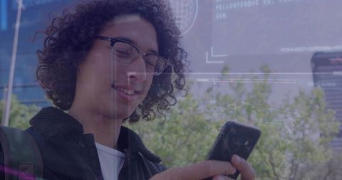 Student with Smartphone and Digital Overlay in Urban Plaza