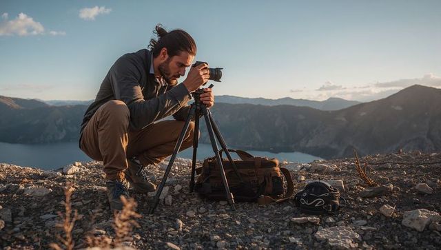 Male photographer adjusting dslr on tripod at mountain ridge overlooking lake at sunset