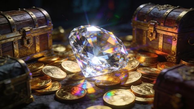 Brilliant-cut diamond sparkling on gold coins and treasure chests, casting prism light