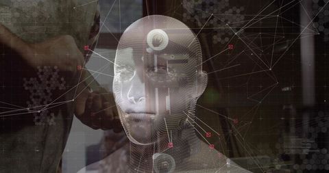 Futuristic 3d holographic head and data visualization in high-tech lab