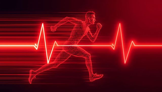 Futuristic red wireframe sprinter with ecg background