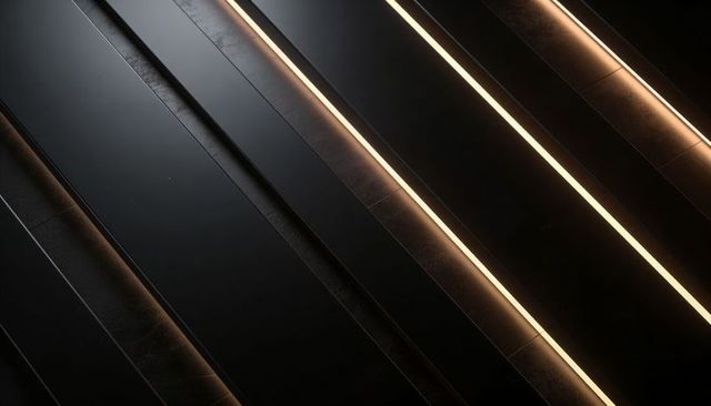 Dark metallic slats with warm illuminated seams, minimalist architectural texture and depth