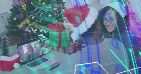 Virtual Christmas Celebration: Woman Sharing Joy in Video Call