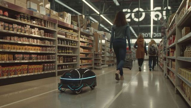 Autonomous grocery robot navigating aisle alongside shopper pushing cart with glowing led trim