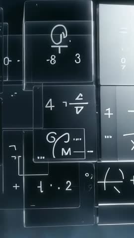 Vertical Futuristic Panels Sliding and Displaying Floating Mathematical Symbols in Digital Space