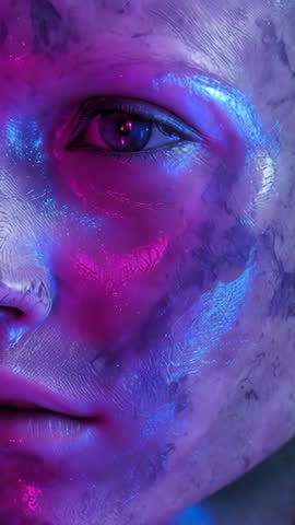 Blinking humanoid face revealing neon pigment in void, glowing skin vertical video