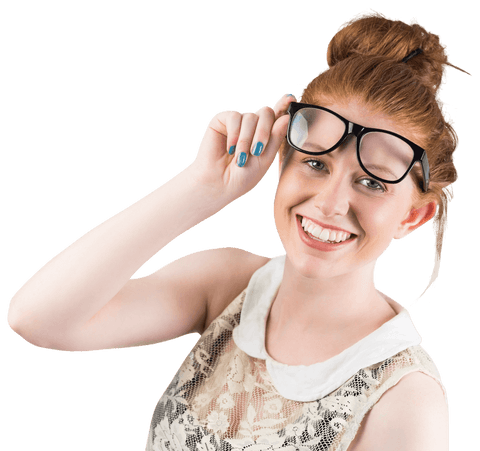 Happy Redhead Wearing Transparent Glasses and Lacy Dress
