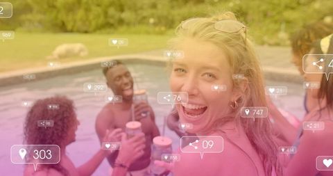 Laughing woman enjoying pool party with friends, drinks and social media overlay