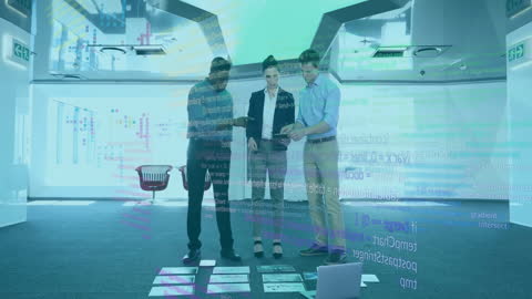Team Analyzing Digital Data with Futuristic Interface in Modern Office