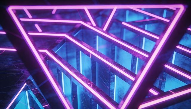 Neon Triangular Tunnel with Magenta and Cyan Glowing Frames for Futuristic Backgrounds