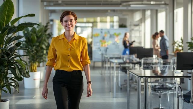 Confident professional moving forward in open-plan office