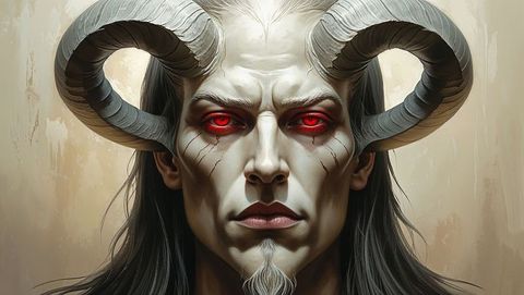 Intense portrait of a mythical satan with glowing red eyes