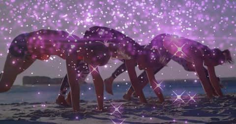 Sunrise beach fitness plank silhouettes with purple sparkle overlay and bokeh effect