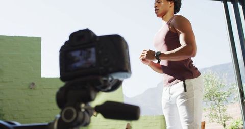 African American Man Filming Home Workout Fitness Motivation
