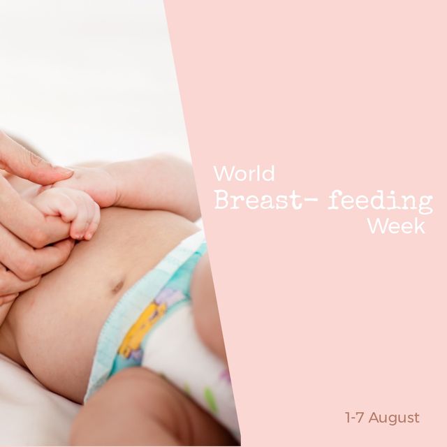 Composite of world breastfeeding week text by baby holding hand of mother, copy space. digital composite, bonding, togetherness, infant, motherhood, love, care.
