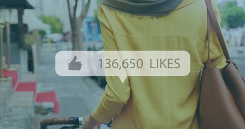 Woman in Urban Setting with Digital Likes Counter Display