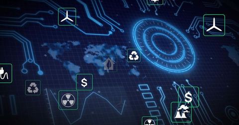 Global Energy HUD Visualizing Renewable Turbine, Nuclear and Sustainability Indicators