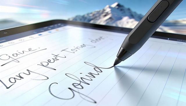 Closeup Digital Stylus Writing Cursive on Tablet Display with Mountain Reflection