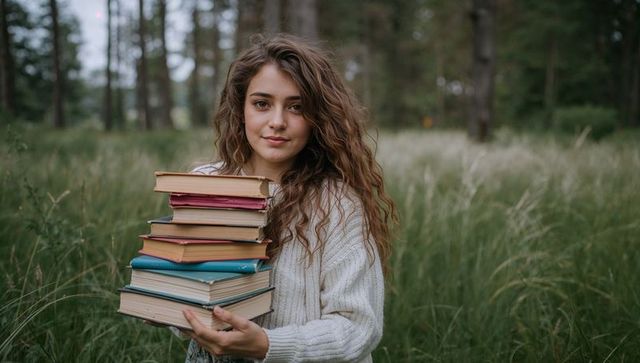 Young woman holding stack of books in meadow, smiling, wearing cream sweater