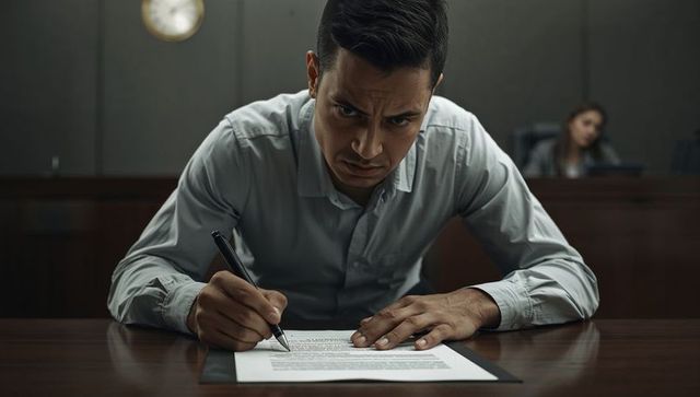 Anxious man signing legal document in courtroom, tense legal proceeding close-up