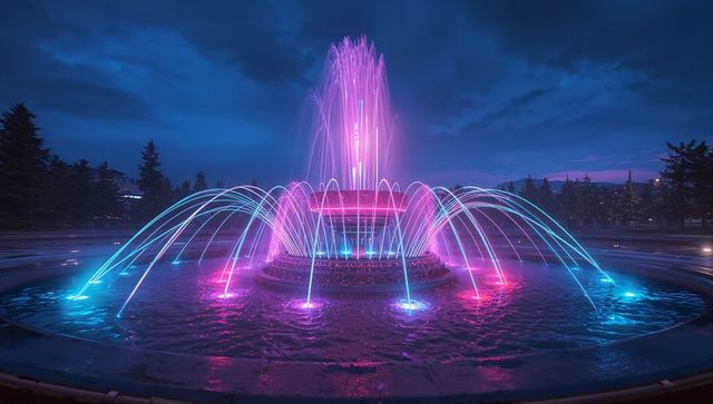 Vibrant Fountain Display with LED Lighting at Night
