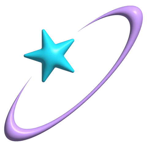 Transparent cyan 3d star with magenta swoosh orbit, glossy minimalist logo vector