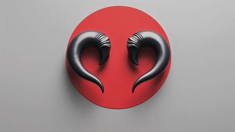Black curved demon horn sculptures on red disc minimal art