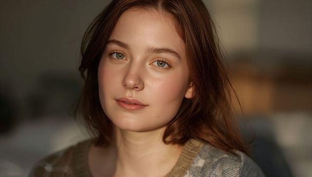 Young woman headshot exuding calm warmth wearing knit sweater in soft natural light bokeh