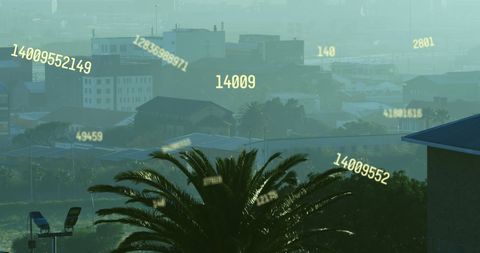Digital Numbers Floating Over Misty Cityscape