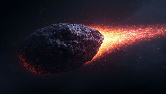 Molten asteroid traveling through space with fiery plume and glowing embers