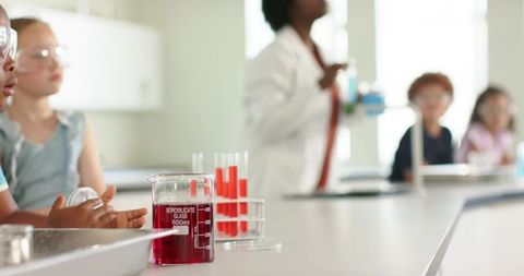 Diverse teen science class watching instructor demonstrating beaker and test tube demo