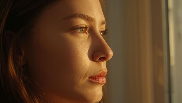 Young woman gazing through window, catching golden sunlight in serene profile portrait