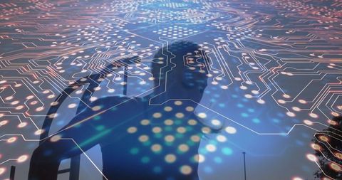 Woman silhouette merging with neon circuit traces for human-machine integration and data