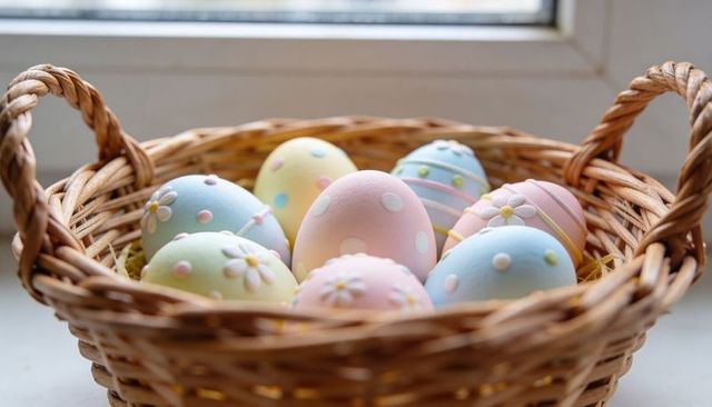 Wicker basket holding pastel polka dot easter eggs on sunlit windowsill rustic spring decor