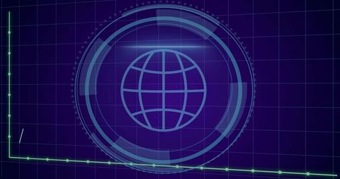 Displaying Futuristic HUD Globe with Neon Grid and Data Plot Line