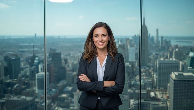 Confident businesswoman standing arms-crossed in highrise office overlooking city skyline