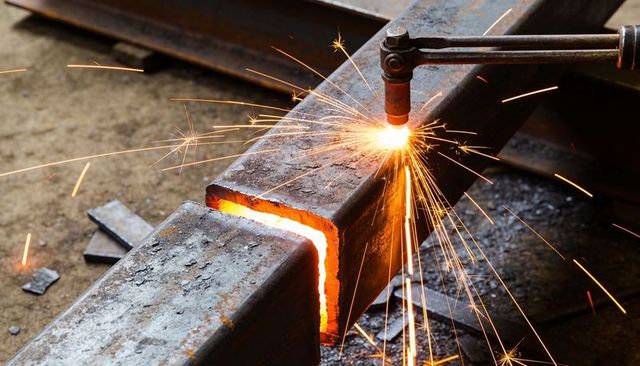 Cutting steel channel with oxy-fuel torch creating molten metal sparks and slag