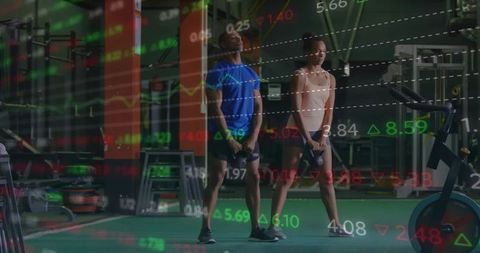 Workout Partners in Gym with Stock Market Chart Overlay