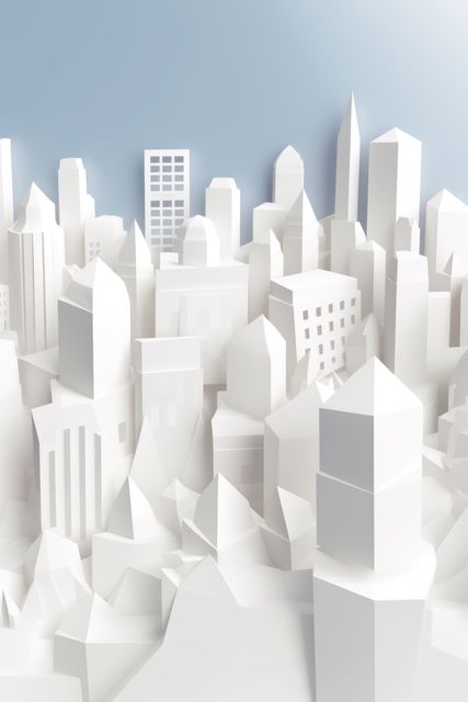 Visuals showcase minimalist white paper cutout city skyline contrasting against clear blue sky. Excellent for creative design showcases, modern art presentations, architecture concepts, urban planning, and innovative advertising backgrounds.